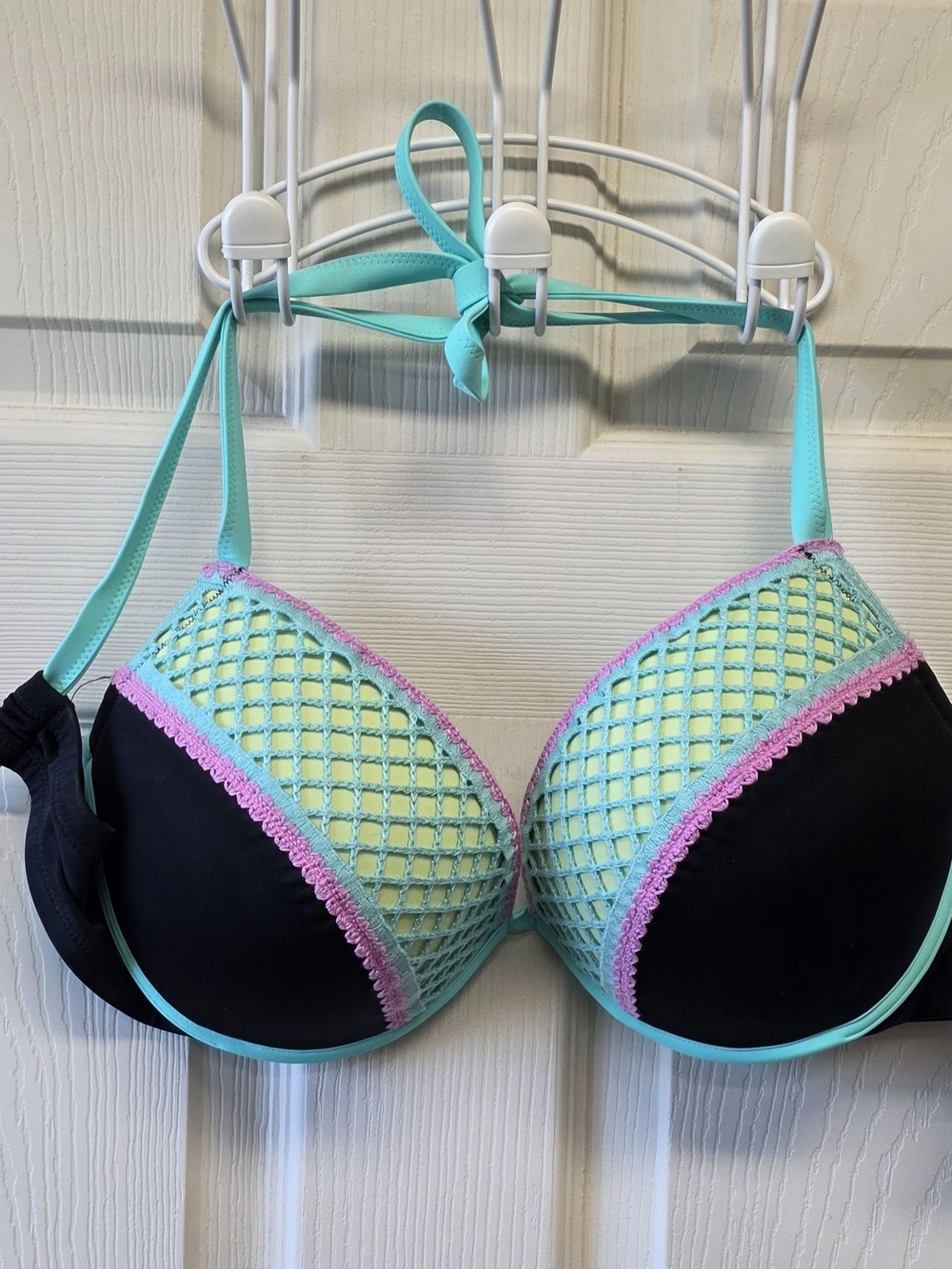 Shade & Shore Turquoise, Black & Mint Lace-Trim Push-Up Bikini Top